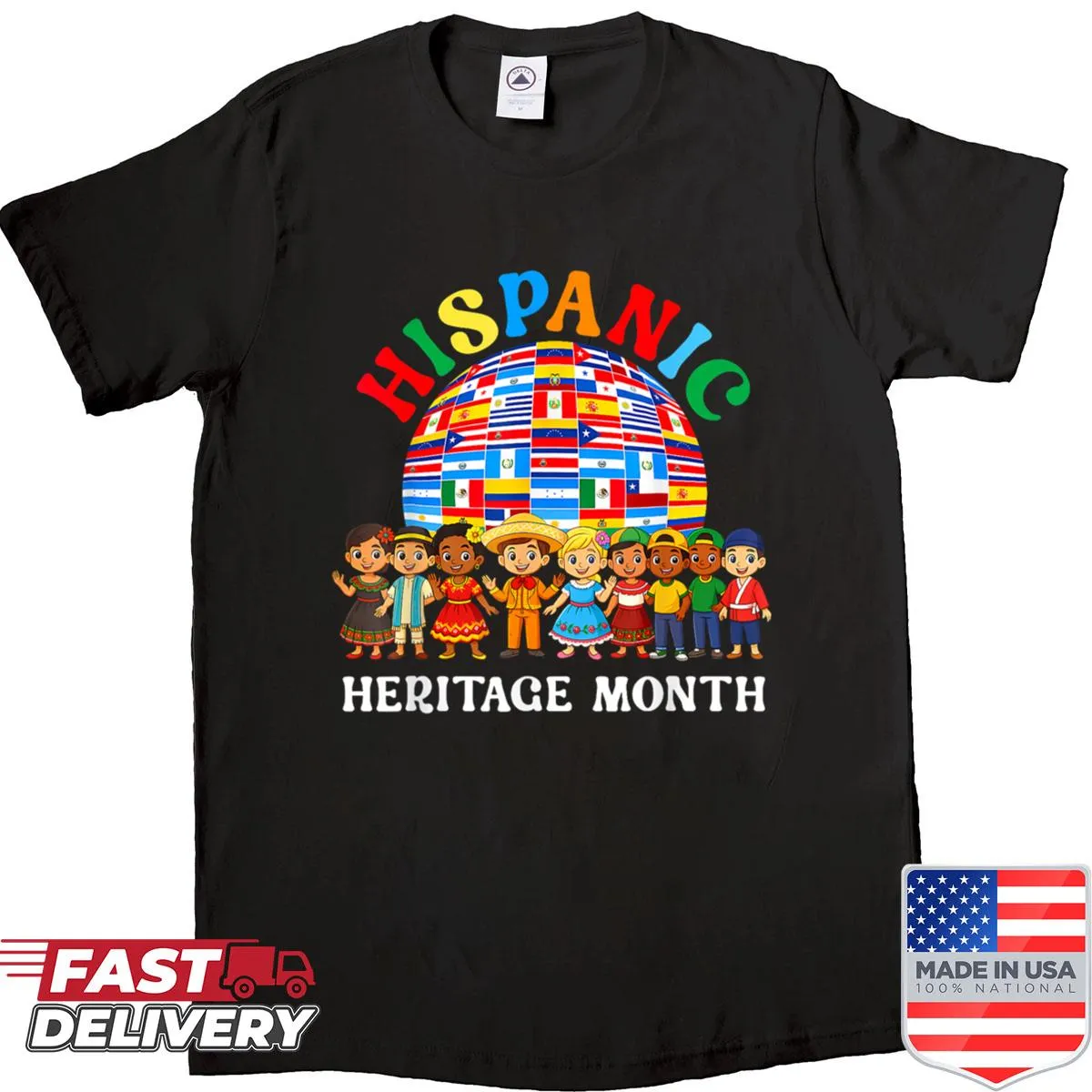 Kids shirt celebrating Hispanic Heritage Month with Latin country names