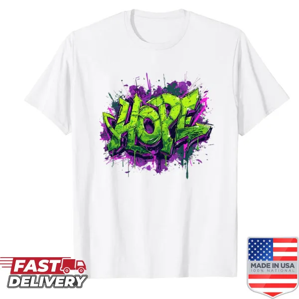 Illustrative shirt with graffiti-style hope tag in neon green and purple.