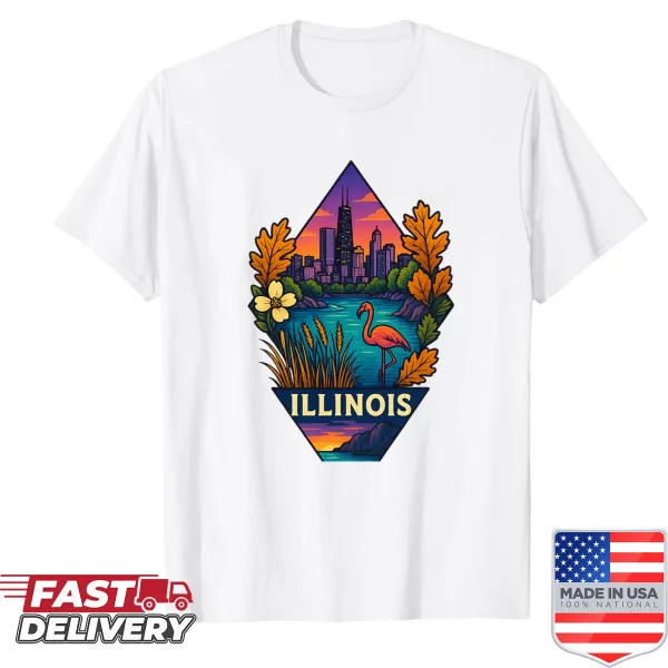Illinois shirt with artistic Chicago skyline and Lake Michigan