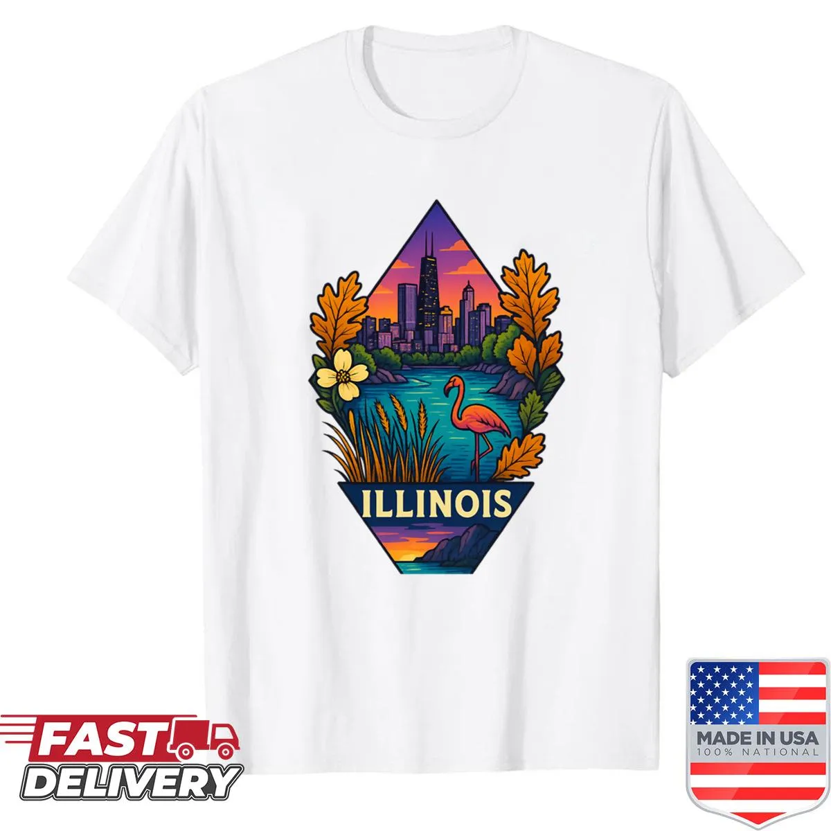 Illinois shirt with artistic Chicago skyline and Lake Michigan
