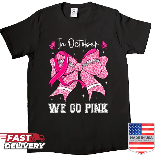 Pink football bow design for breast cancer awareness on a casual shirt