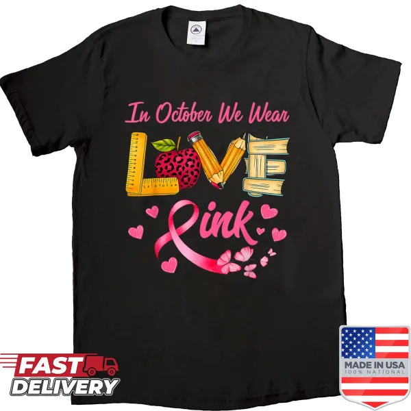 Breast cancer awareness shirt for teachers with leopard print design.