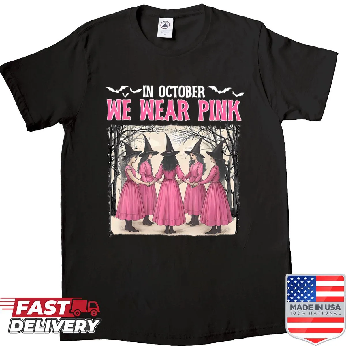 Pink breast cancer awareness shirt with a witch design for women.