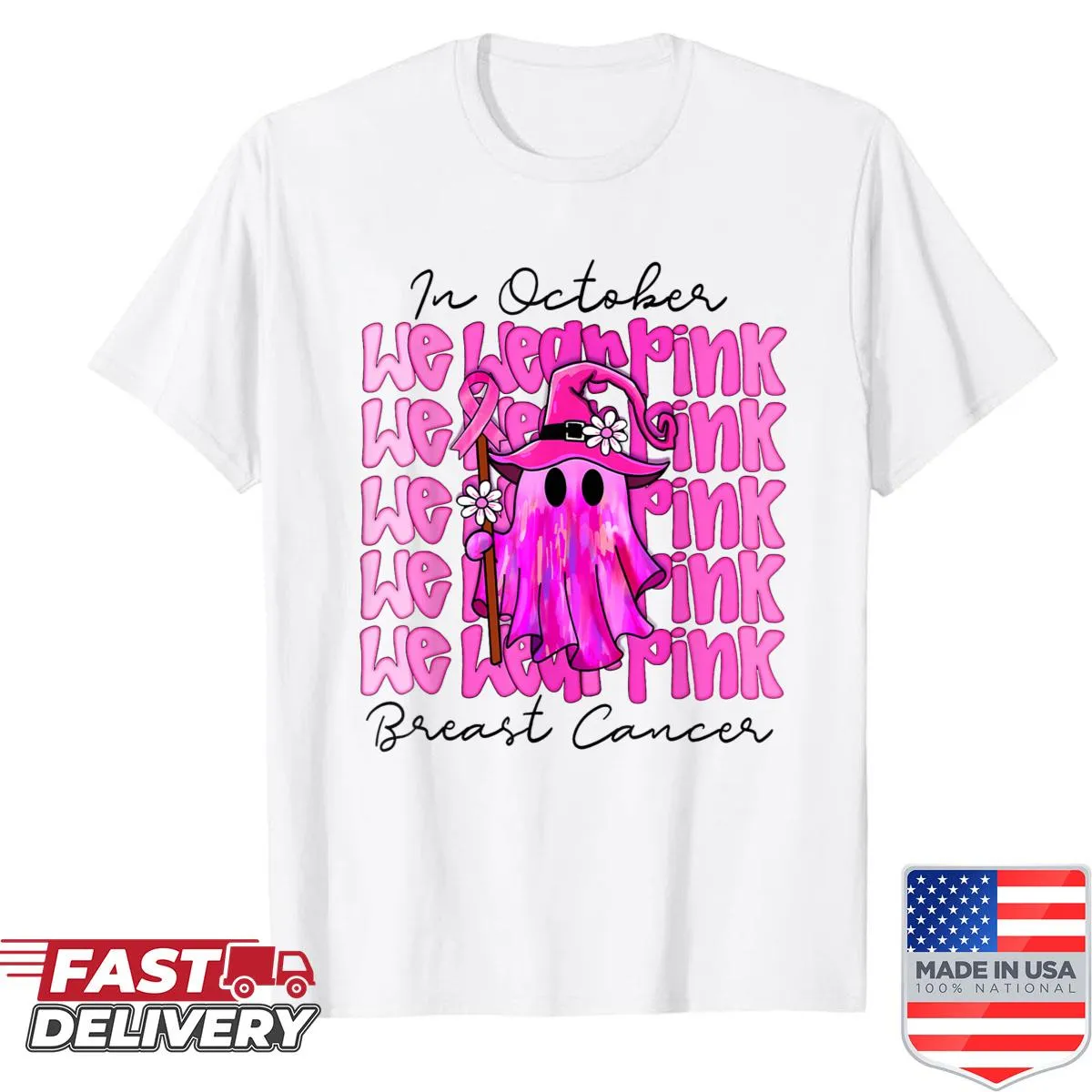 Pink ghost graphic for breast cancer awareness with Boo text