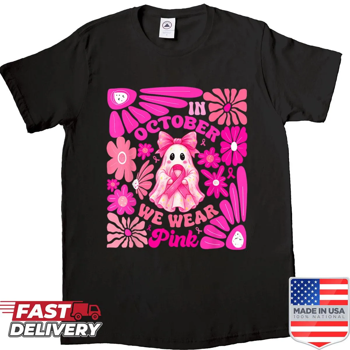 Breast cancer awareness shirt with a pink ghost and flowers