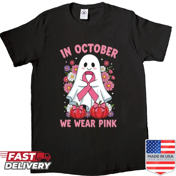 Breast cancer awareness shirt featuring a pink ghost and ribbon