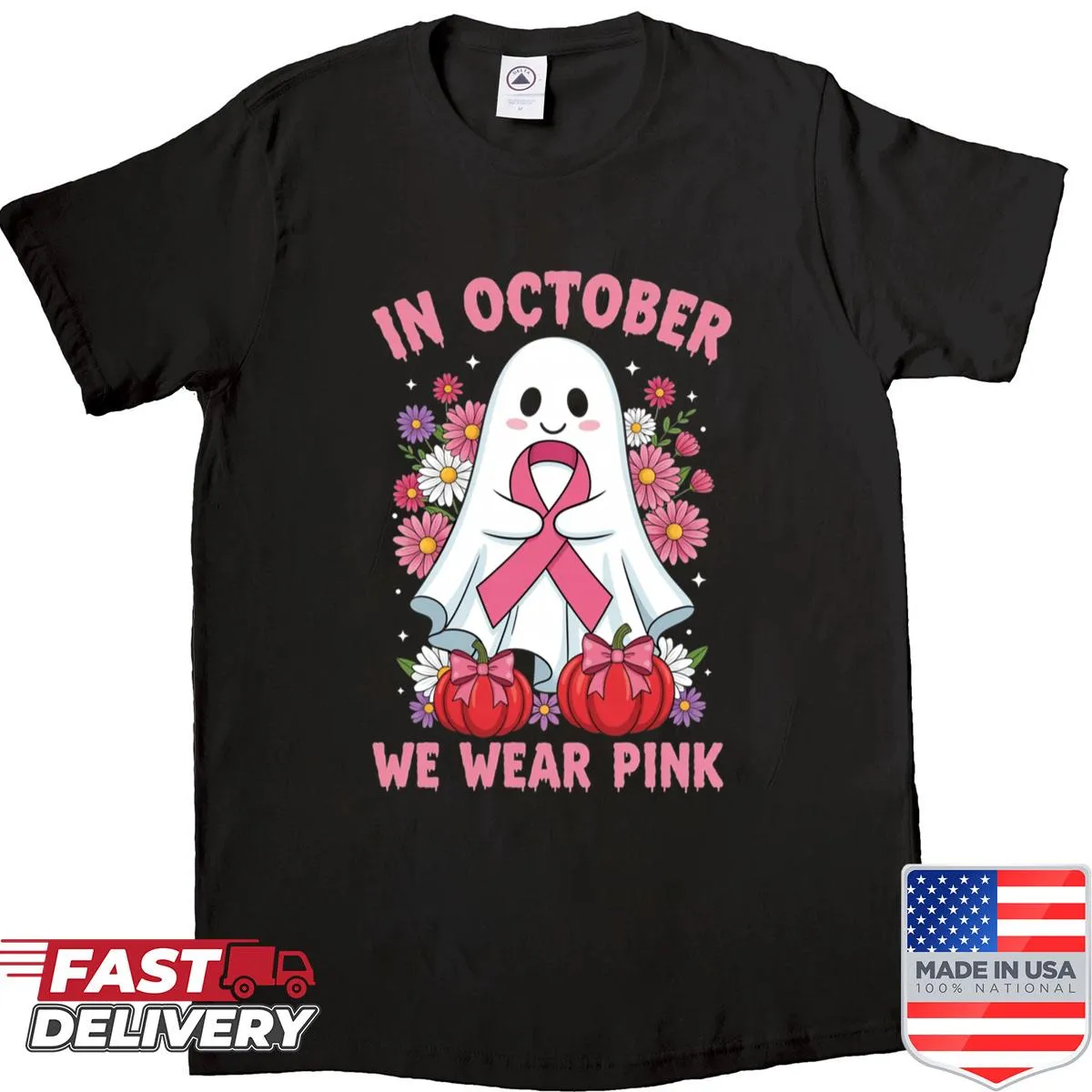 Breast cancer awareness shirt featuring a pink ghost and ribbon