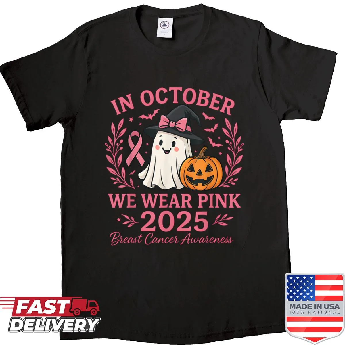 Breast cancer awareness shirt with a pink ghost witch design.