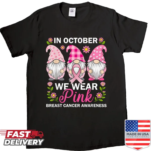 Gnome with pink ribbon promoting breast cancer awareness for October.