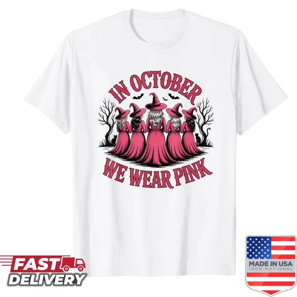 Halloween T-shirt featuring a witch with a pink breast cancer awareness theme