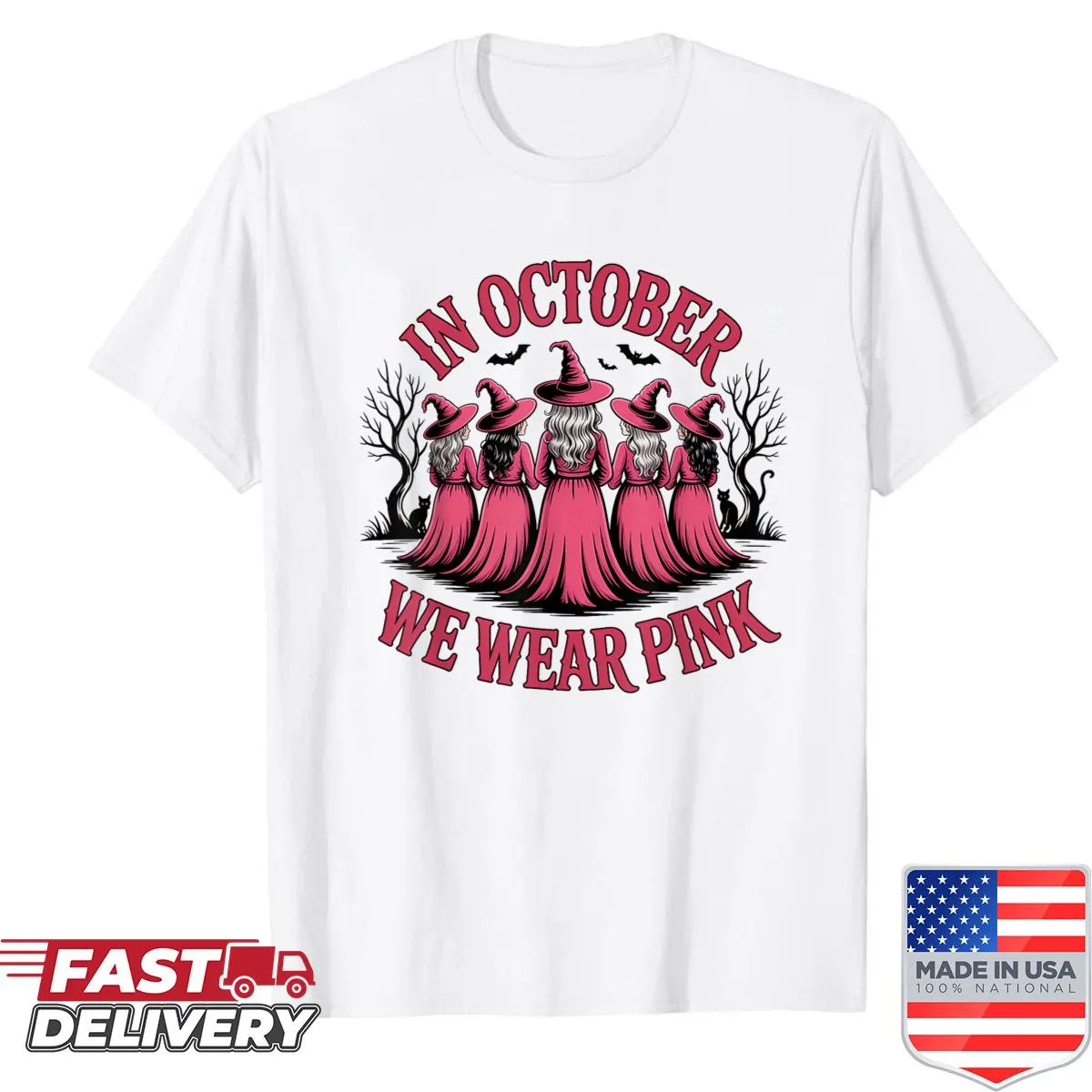 Halloween T-shirt featuring a witch with a pink breast cancer awareness theme