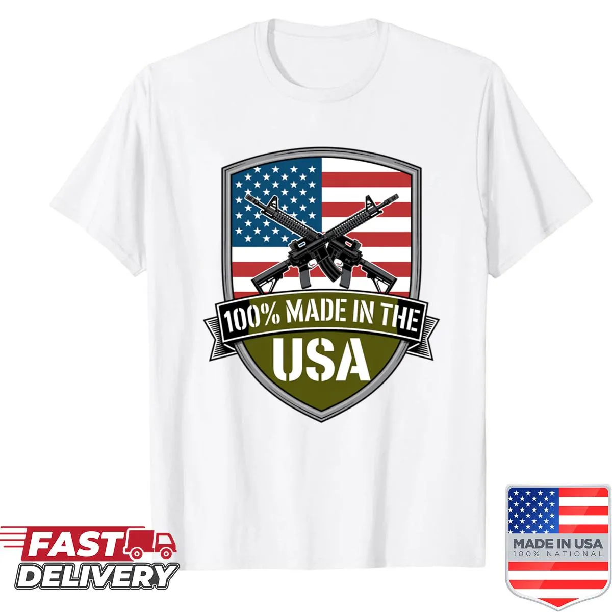 Bold graphic of an iron shield on a T-shirt