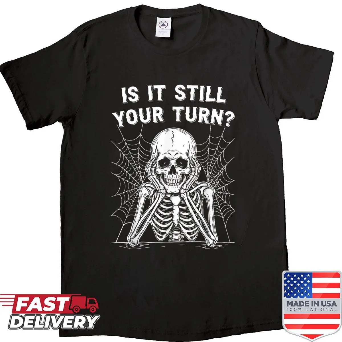 Skeleton gamer holding a controller with funny phrase for Halloween.