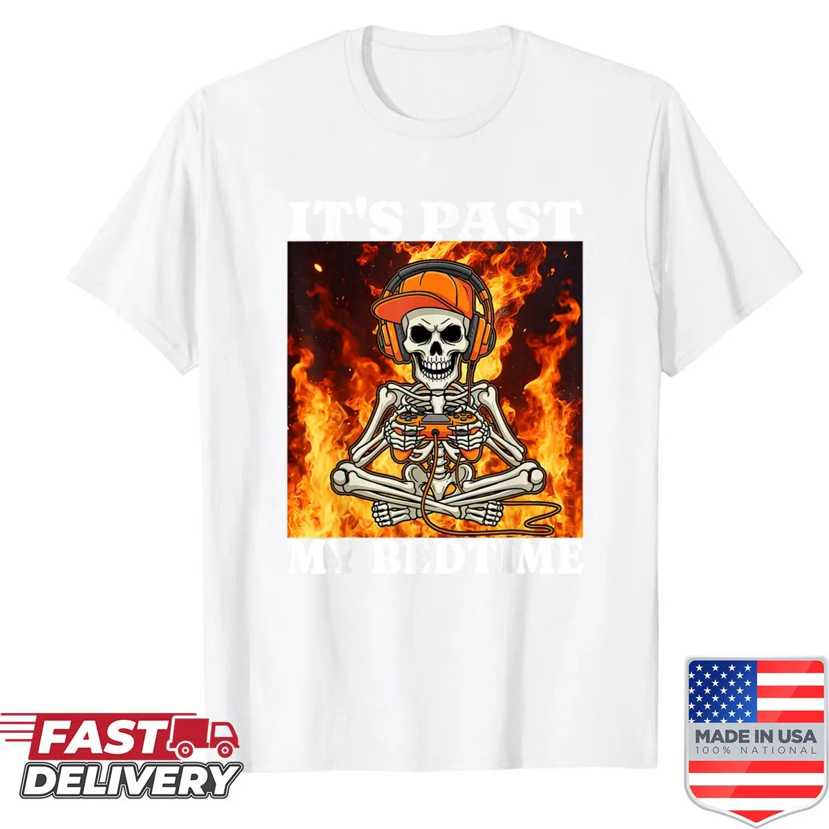 Skeleton gamer shirt with flames and humorous bedtime theme
