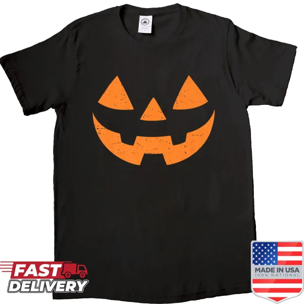 Smiling Jack O' Lantern graphic on a Halloween t-shirt