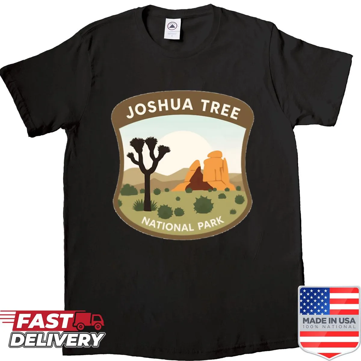 Shirt depicting a desert landscape of Joshua Tree National Park