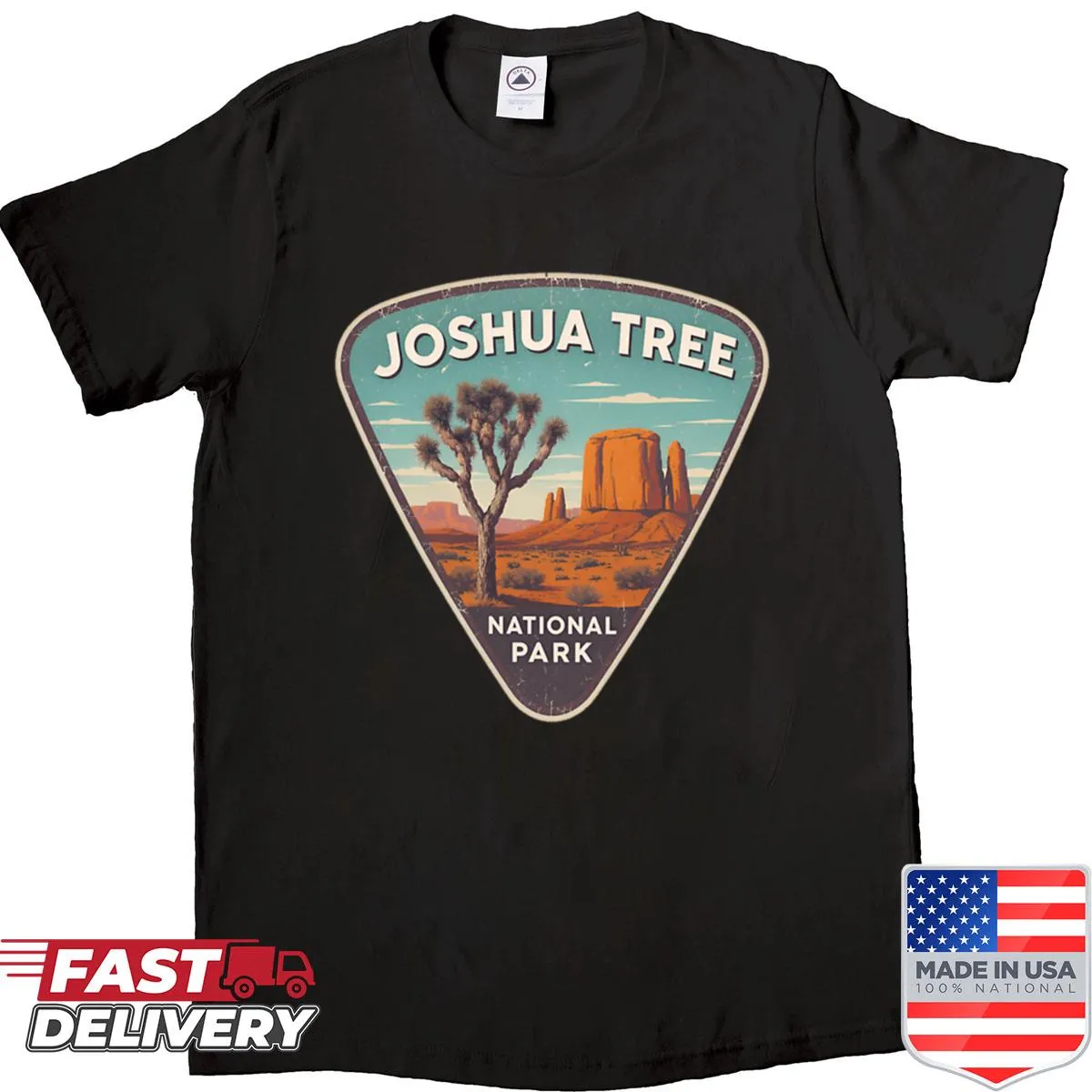 Illustrated shirt featuring mountains and trees of Joshua Tree National Park