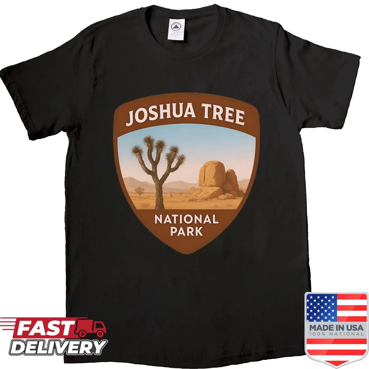 Joshua Tree landscape with starry night graphic on a t-shirt