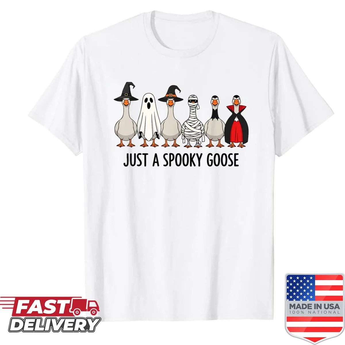 Humorous Halloween t-shirt with a spooky goose illustration