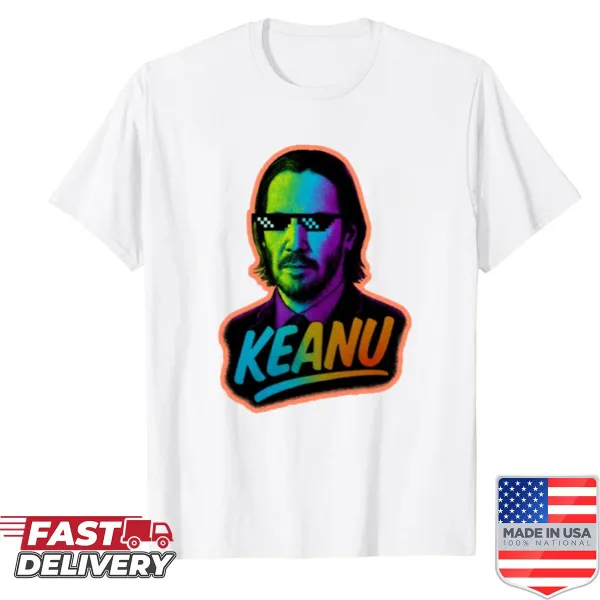 Pop art design of Keanu Reeves with humorous text on a shirt
