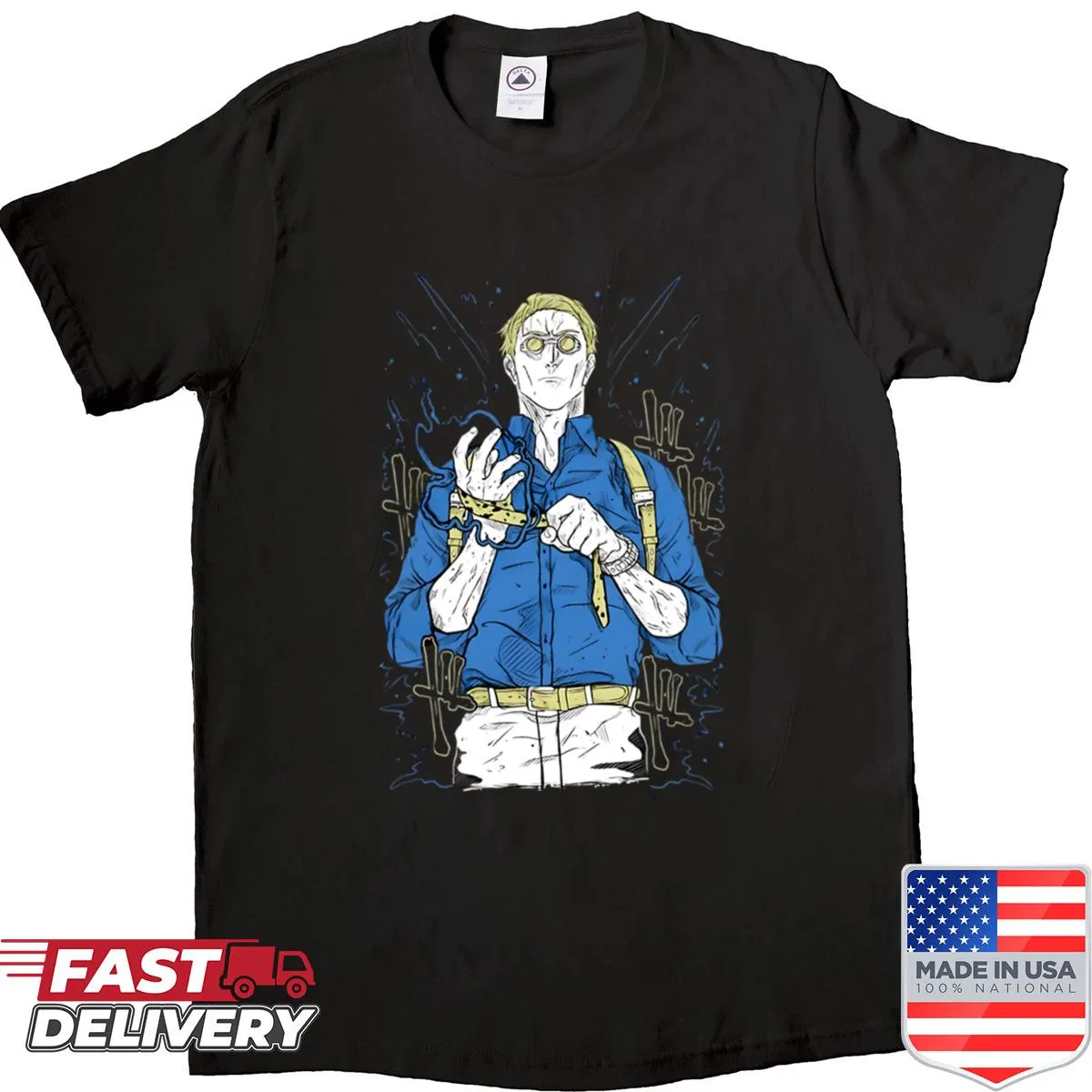 Illustrative graphic of Kento Nanami, the stoic sorcerer on a T-shirt