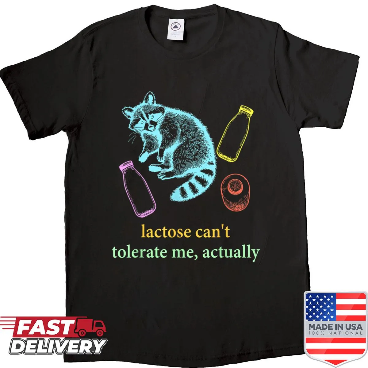Illustration of a raccoon with a humorous lactose-intolerance text