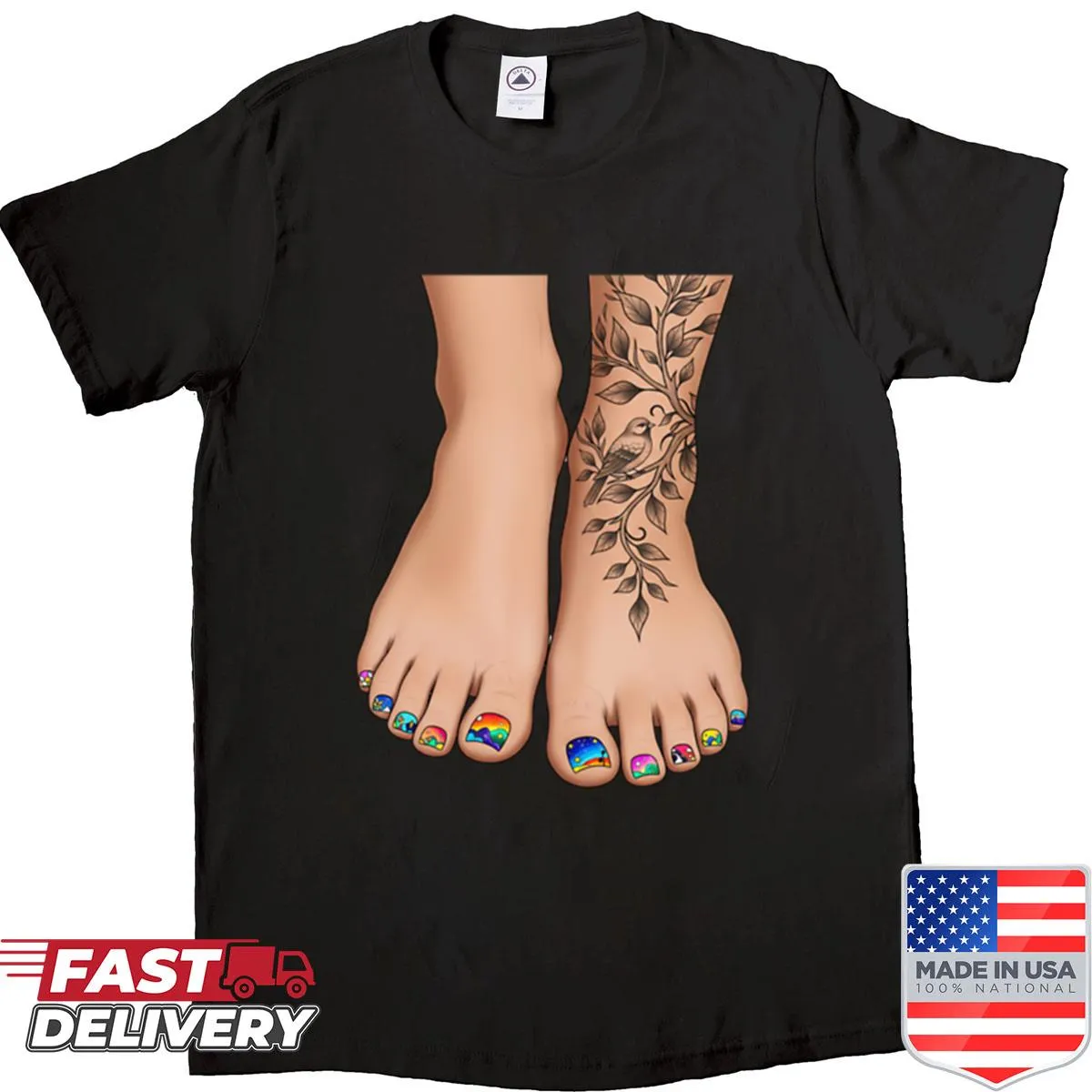 Illustration of Latina feet with polished toenails on a shirt