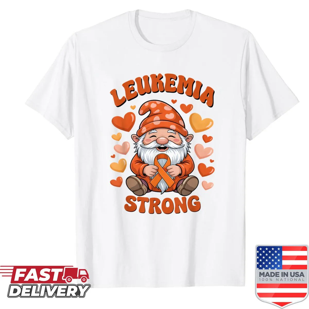 Shirt featuring an orange ribbon and gnome for leukemia awareness