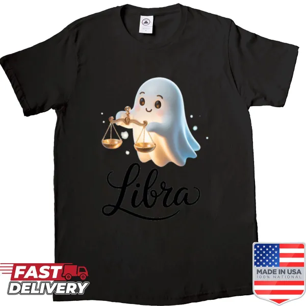 Ghost design with Libra scales on a zodiac-themed shirt