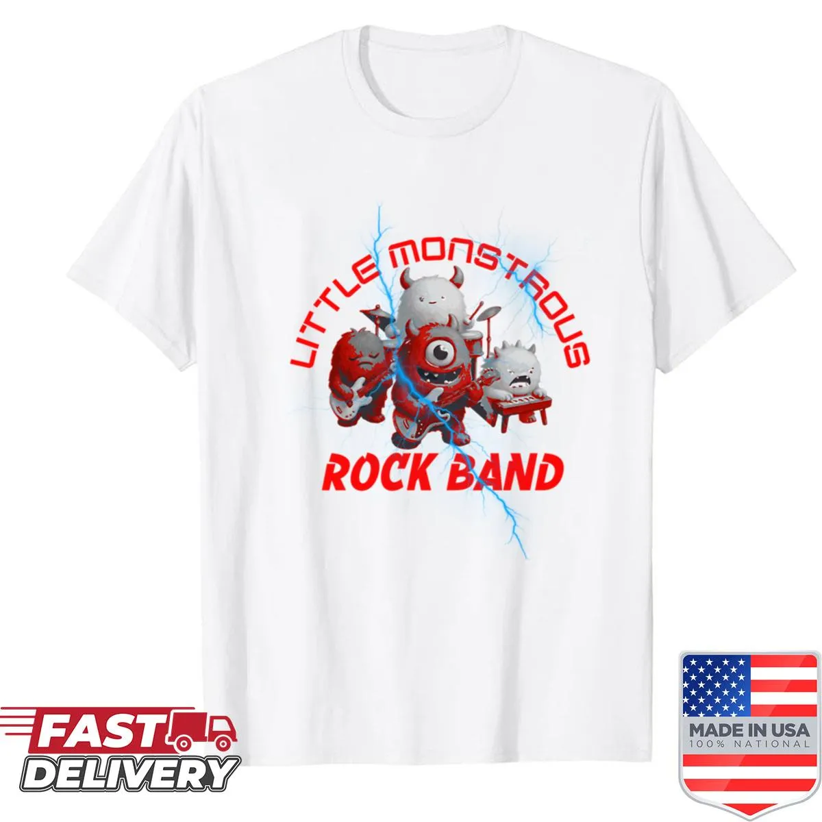 Playful rock band graphic on a Little Monstrous shirt