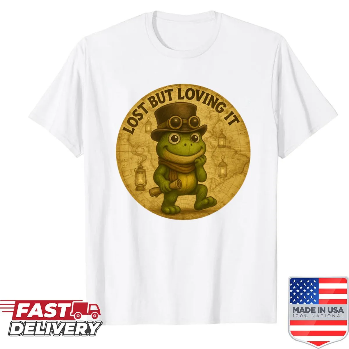 Illustrative shirt with a frog adventuring, caption 'Lost And Loving It'