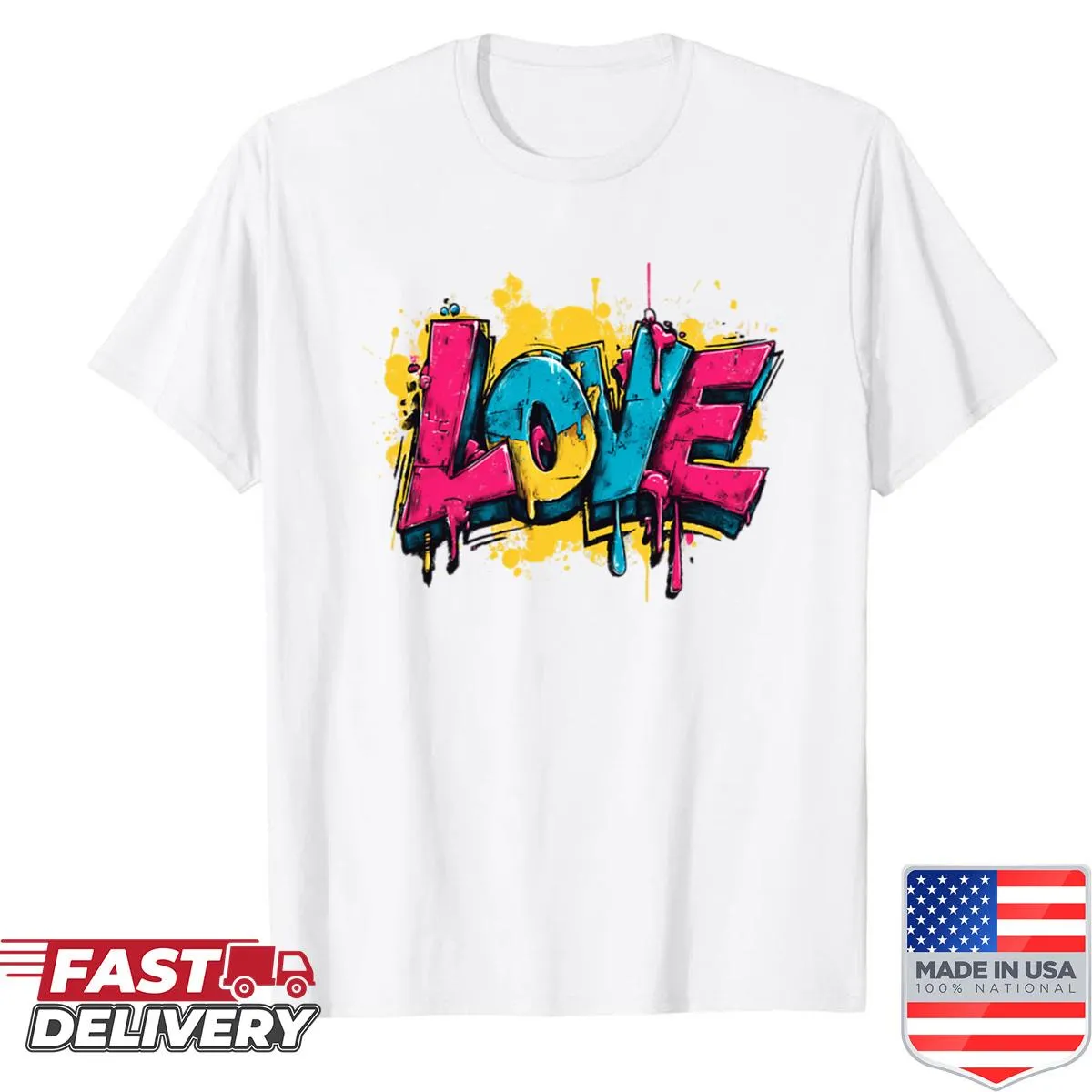 Graffiti-style shirt featuring bold love lettering