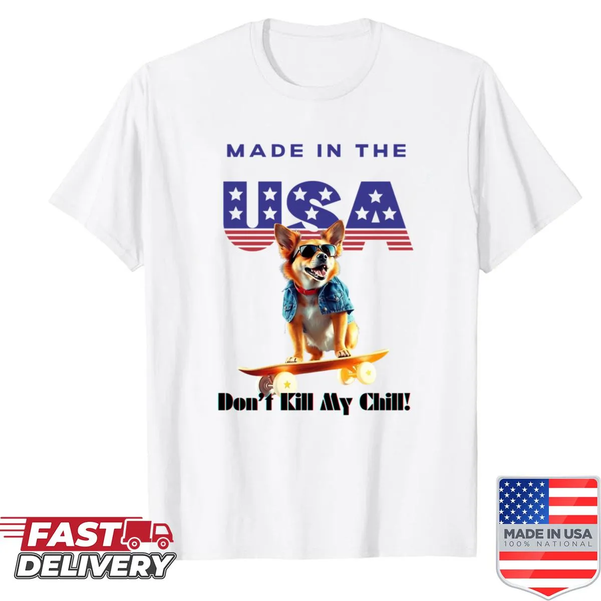 Illustrated dog on skateboard with patriotic text.