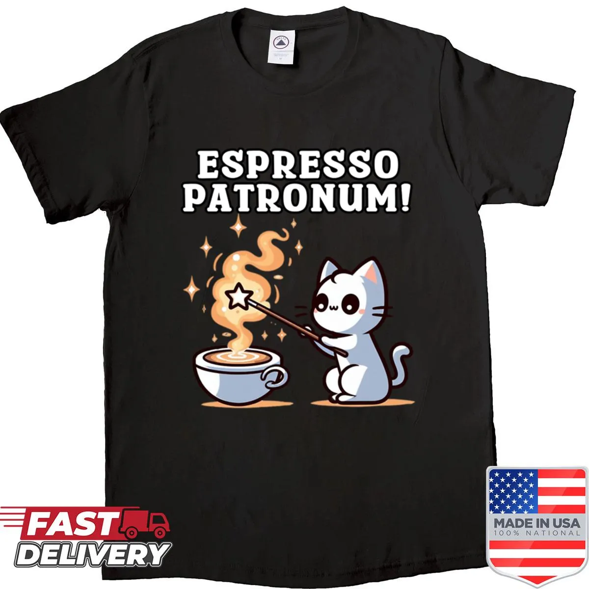 Cute wizard cat casting a coffee spell graphic t-shirt