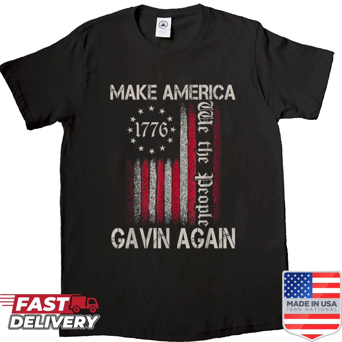 Vintage patriotic shirt with 'Make America Gavin Again' and USA flag graphic.