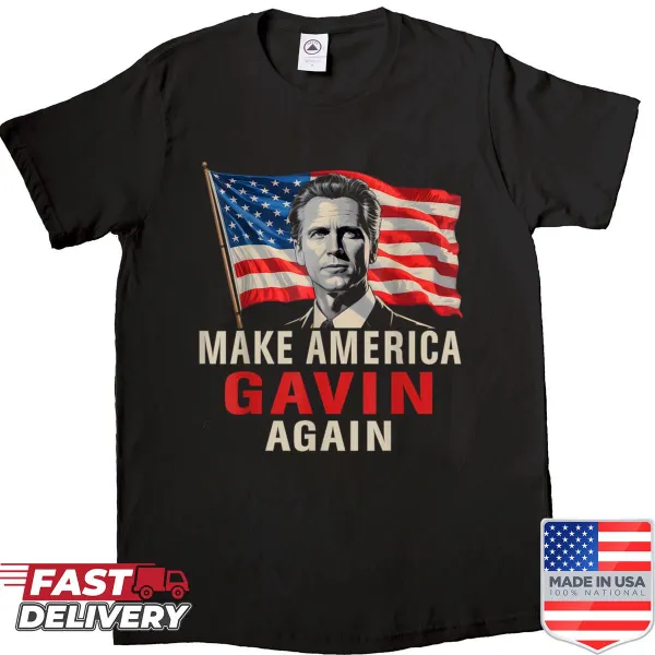 Vintage-style shirt with the phrase Make America Gavin Again and American flag