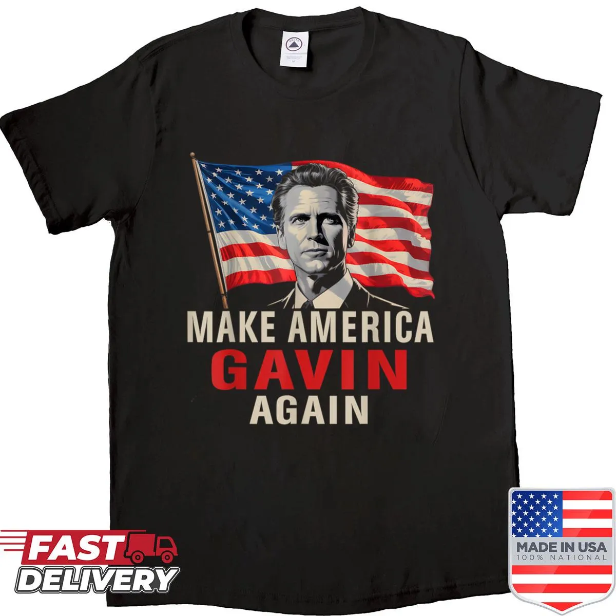 Vintage-style shirt with the phrase Make America Gavin Again and American flag