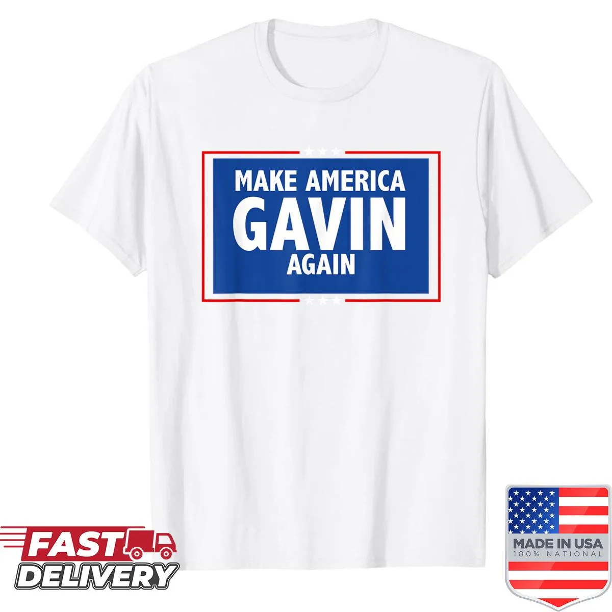 Playful typography shirt with 'Make America Gavin Again' slogan