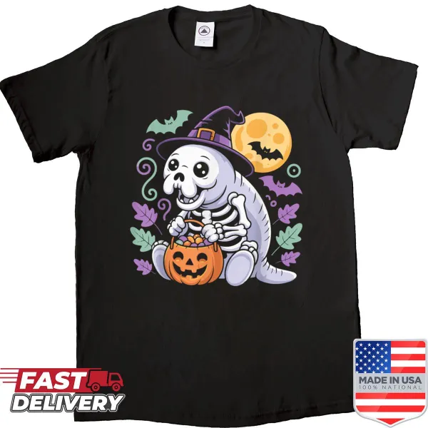 Funny manatee witch hat skeleton pumpkin Halloween shirt design