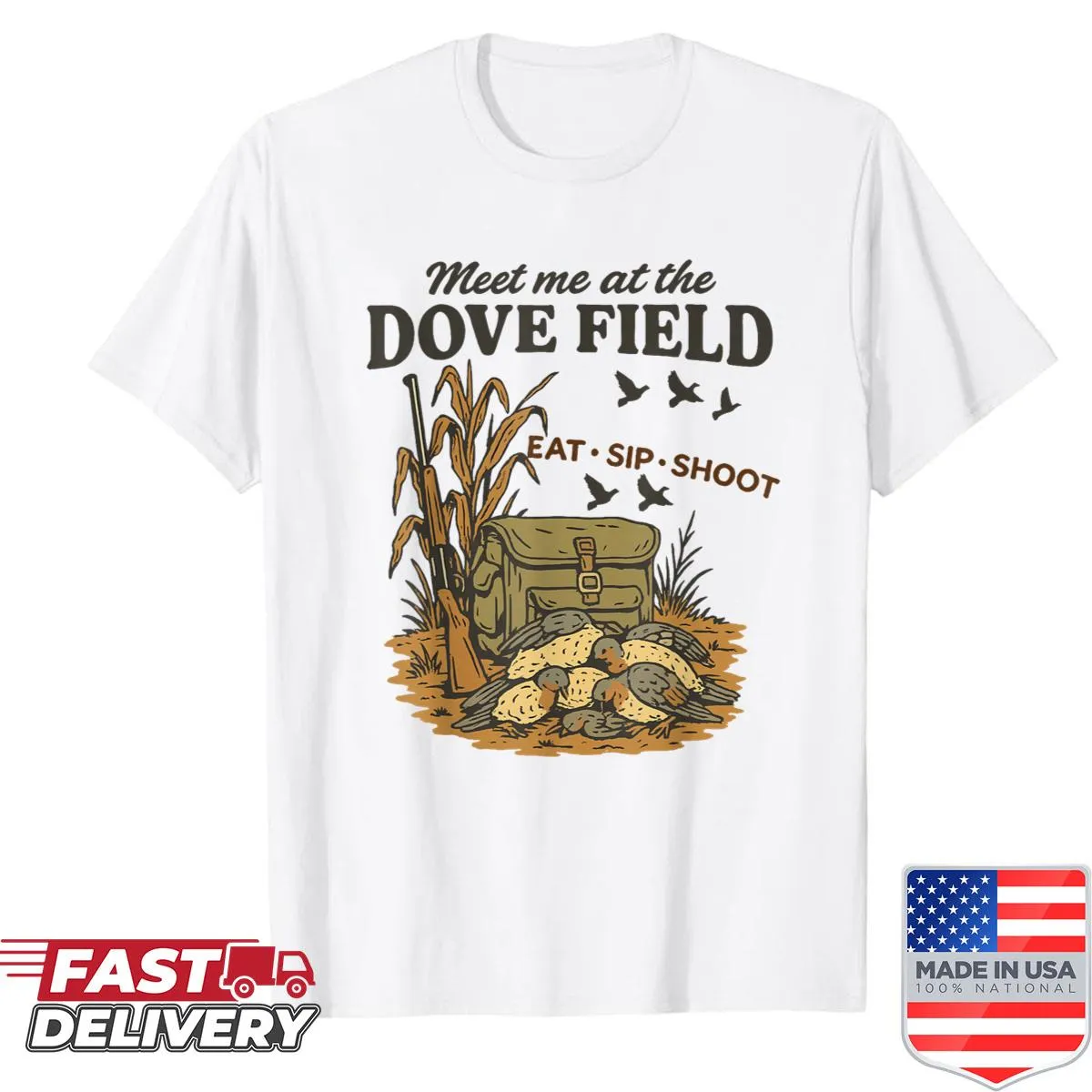 Dove hunting shirt with a serene marsh illustration and camouflage pattern