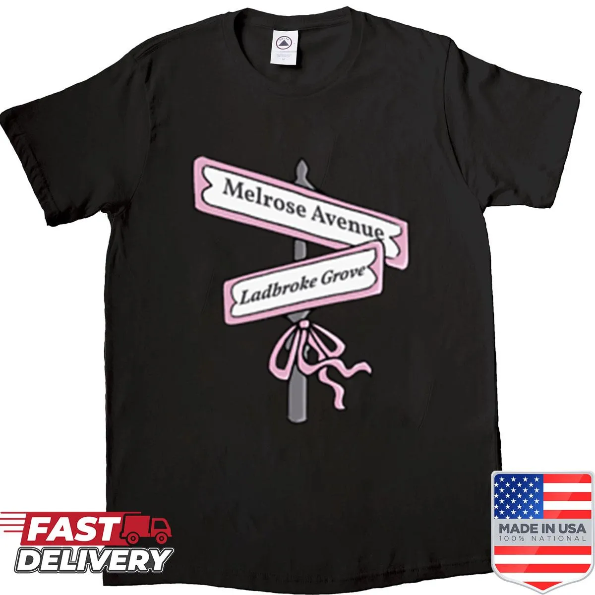 Shirt featuring Melrose Avenue and Ladbroke Grove names in modern typography