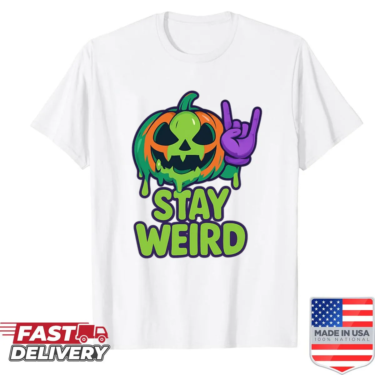 Melting pumpkin graphic encouraging to stay weird for Halloween