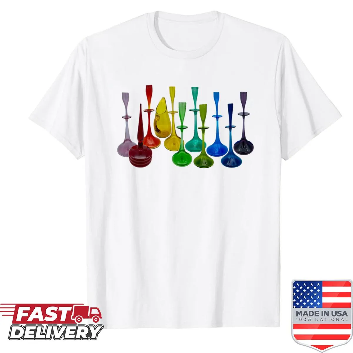Shirt featuring a vintage-inspired graphic of Blenko glassware