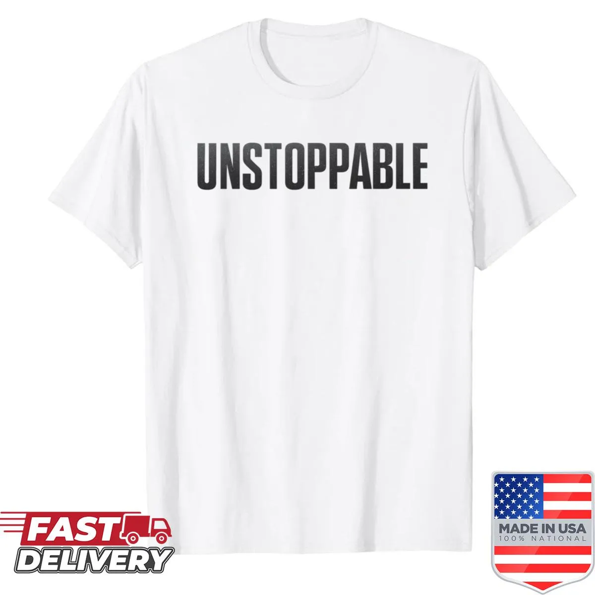 Minimalist typography shirt featuring the word 'Unstoppable' in bold text.