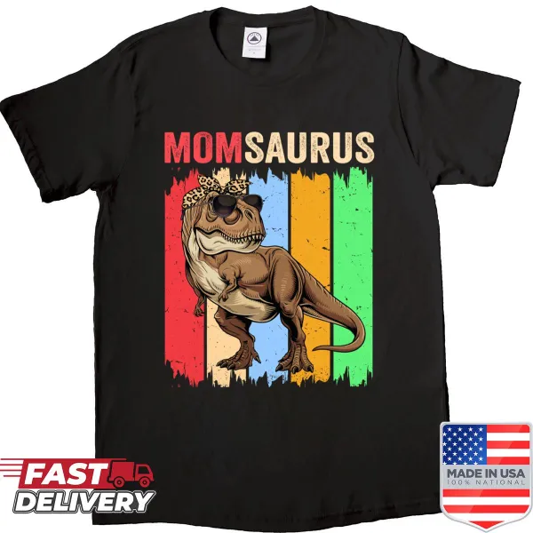 Cartoon T-rex mom with text 'Momsaurus' for family matching