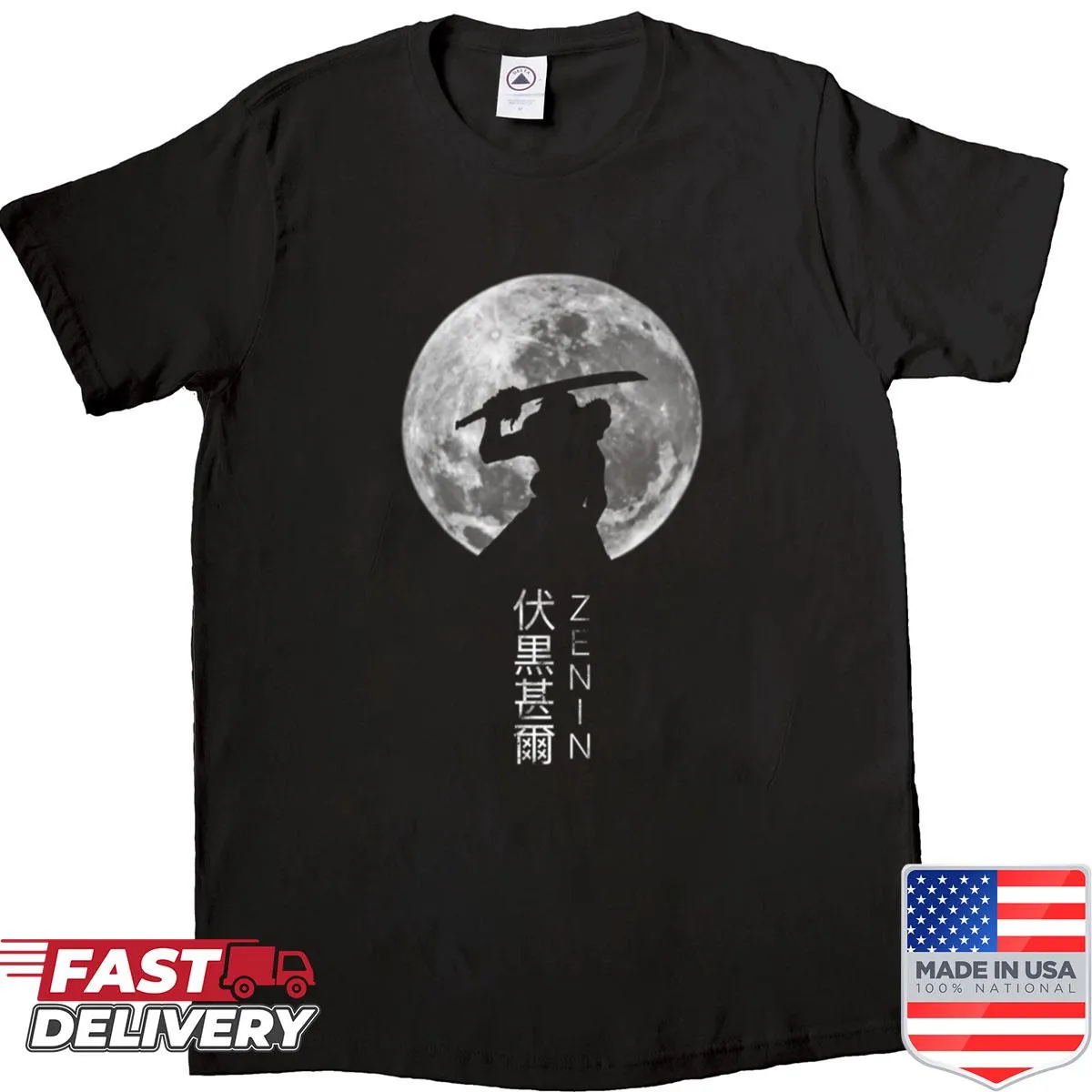 Illustration of a moon and Toji Fushiguro silhouette on shirt