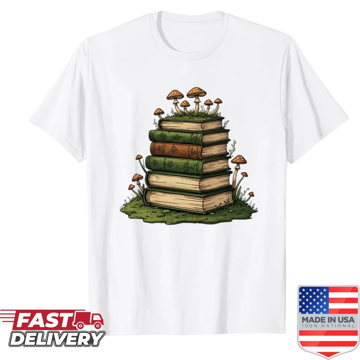 Artful blend of moss and manuscript designs on a whimsical t-shirt.