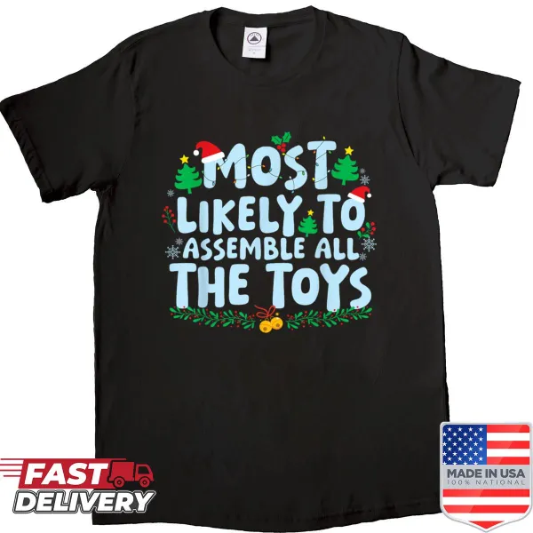 Family matching Christmas T-shirt with toy assembly text