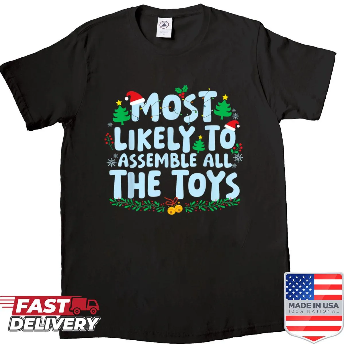 Family matching Christmas T-shirt with toy assembly text