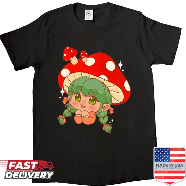 Cute shirt featuring a character surrounded by mushrooms.